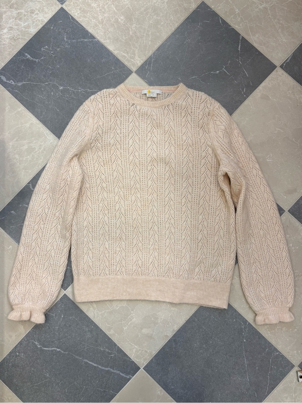 Boden Wool Blend Romantic Pointelle Knit Ruffle Cuff Sweater